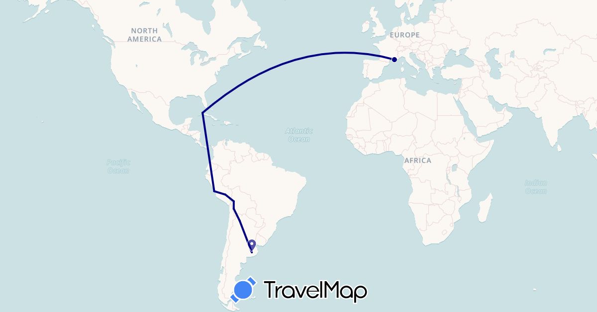 TravelMap itinerary: driving in Argentina, Bolivia, Cuba, France, Peru (Europe, North America, South America)